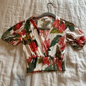 Floral blouse. Fresh and flirty. Red flowers really pop out an outfit.